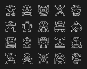 Robot simple white line icons vector set