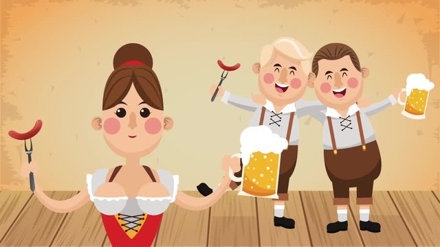 Bavarian mens eating sausage and drinking beer with bavarian woman High definition colorful scenes animation