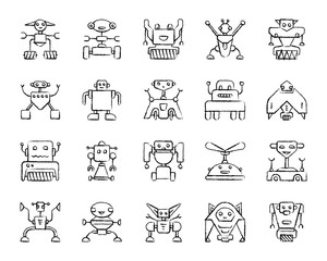 Robot charcoal draw line icons vector set