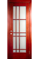 Wooden interior door of rosewood or palisander wood with brass handle and insets of frosted glass with ornament isolated on white