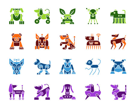 Robot Dog simple color flat icons vector set