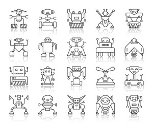 Robot simple black line icons vector set