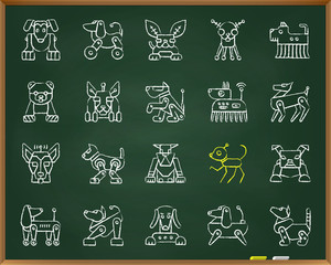 Robot Dog chalk draw line icons vector set