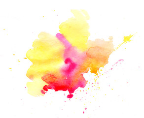 Bright watercolor pink yellow stain drips. Abstract illustration on a white background.