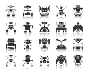 Robot black silhouette icons vector set
