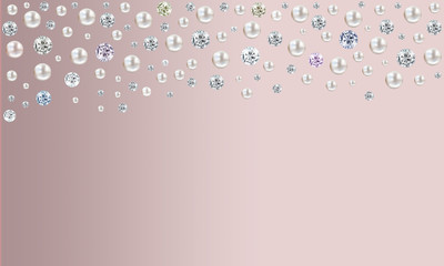 Diamonds and pearls raining from top on pink satin background