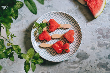 Heart-shaped slices of watermelon