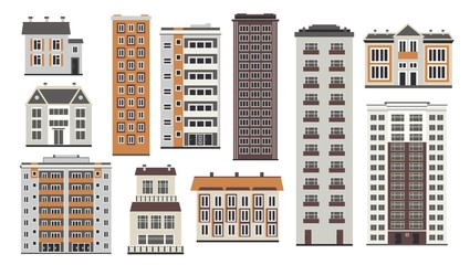 City elements of high-rise buildings front view with windows and doors in flat style isolated on white background. Collection of apartment houses and municipal structures. Vector illustration.
