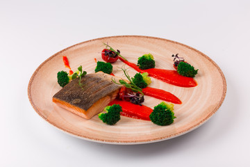 Top and Front View Isolated - Salmon with baked peppers, broccoli, lemon