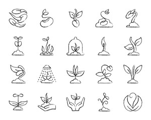 Sprout charcoal draw line icons vector set