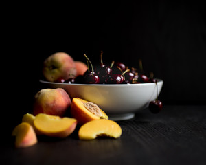 Peaches and cherries in a bowl, II