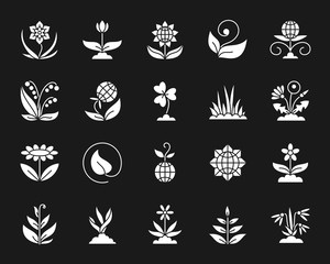 Garden white silhouette icons vector set on black