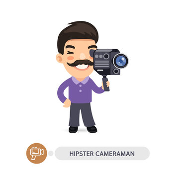 Hipster Cameraman Flat Cartoon Character