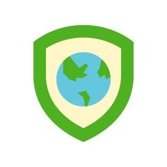 Shield and Globe or planet earth icon flat design, world environment day concept