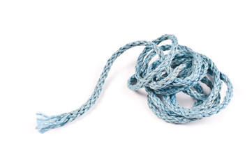 Entangled nylon rope on white background.
