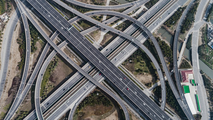 Aerial view of railway, highway and overpass on Middle Huaxia road, Shanghai