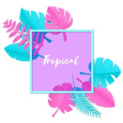 Fototapeta na wymiar Composition with creative pink blue jungle leaves on white background in paper cut style. Tropical leaf violet square frame, template for design poster, banner, flyer T-shirt printing, Vector.