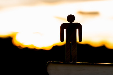 Silhouette of Sign man wood standing on textbook at twilight sky sunset evening background, Active life or alone concept