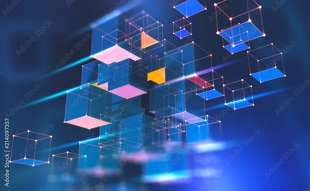 Poster Blockchain technology. Information blocks in cyberspace. Decentralized network. 3D illustration on a technological background.