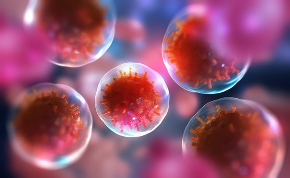 Cells of the body under a microscope. Viruses in the body. Research of stem cells. Cellular Therapy and Regeneration. 3d illustration on a medical theme