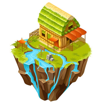 3d isometric building on the island for computer games. Straw cottage with wicker fence and landscape design. Vector cartoon illustration.