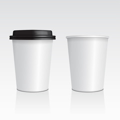 Vector set of realistic blank mock up paper cups with plastic lid. Take out mug