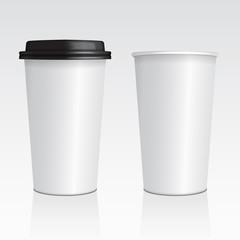 Vector realistic blank mock up paper cups with plastic lid. Take out mug
