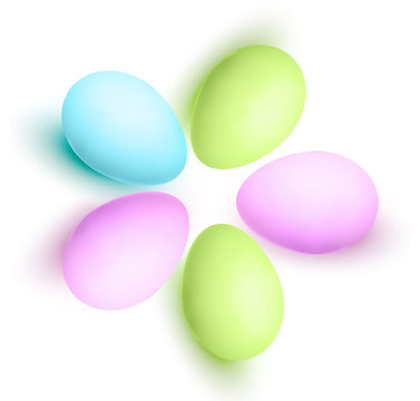 Five realistic pastel easter eggs with shadows isolated on white background. Premium  illustration.