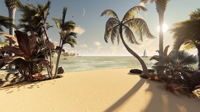 The graphics of paradise sandy beach of the sea are the sunset sunset, an exotic resort. 3D Ilustration 4K TimeLaps
