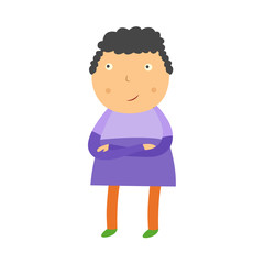 Little boy with crossed arms looking up thoughtfully isolated on white background. Flat cartoon male person of school age thinks and makes decision vector illustration.