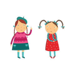 Two school age girls think about some question and conversate isolated on white background. Cute flat cartoon characters of kids making decision. Vector illustration.