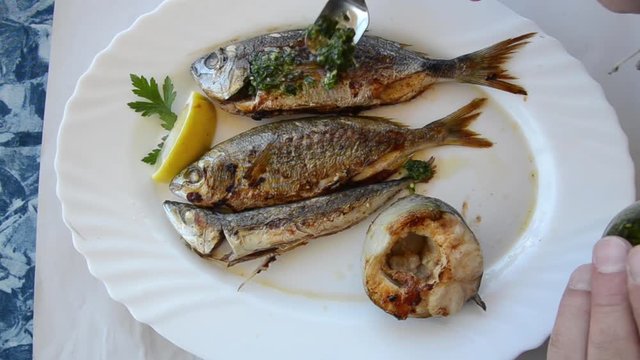 Grilled fresh fish on dish in restaurant. Seafood dinner. Putting organic oil, onion and herbs on delicious fish. Salema porgy, European conger, Merluccius merluccius, Saddled seabream