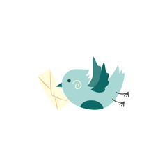 Green stylized bird flying with postal letter, white postcard in beak. Vintage mail message communication delivery service symbol. Vector flat isolated illustration