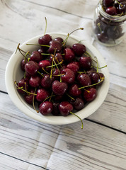 Fresh ripe bird cherries close up shot