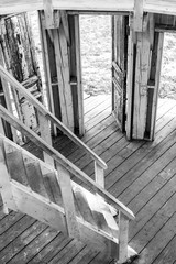 Russia, Nikola-Lenivets. White wooden rotunda with many doors in the Art Park Nikola Lenivets....