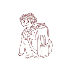 Little schoolboy with big backpack and school supplies stands in uniform smiling and joyful isolated on white background - hand drawn black and white back to school concept. Vector illustration.