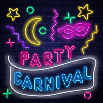 Purple carnival party background with neon mask and serpentine.