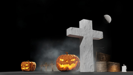 Halloween pumpkins graveyard coffin and fog background 3d-illustration