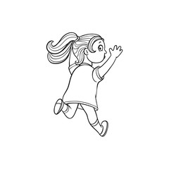 Girl in summer dress running looking back. Ranaway kid icon. Sketch teen female character, child running with afraid face back view. Isolated monochrome vector illustration