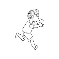 Boy in summer clothing, denim shorts, tshirt running looking back. Ranaway kid icon. Sketch teen male character, child running with afraid face side view. Isolated monochrome vector illustration