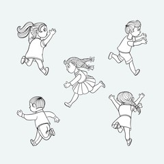 Girls and boys ranaway kids set. Sketch teen male, female characters, children in summer clothing running with afraid face looking back, back view. Isolated monochrome vector illustration