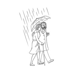Vector sketch cartoon senior elderly couple woman coat man walking holding umbrella under rain smiling hugging. Old characters rainy autumn weather Isolated background monochrome illustration