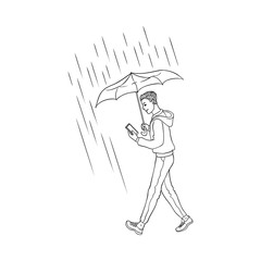 Vector sketch cartoon young man walking holding umbrella under rain jeans hoodie smiling looking in smartphone. Happy male character rainy summer weather isolated monochrome illustration