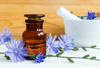 Pharmacy bottle with chicory extract (tincture, infusion, oil). Copy space.