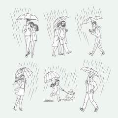 Vector sketch people monochrome characters walking under rain umbrella set. Young senior elderly couples hugging girl kid run dog puppy woman waving hand, caucasian man smartphone, african one smiling