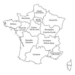 Black outlines map of France with names on white background.
