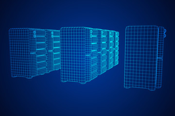 Obraz premium Hardware equipment telecommunication server. Data center storage room object. Computer database tower. Internet industry cluster. Wireframe low poly mesh vector illustration
