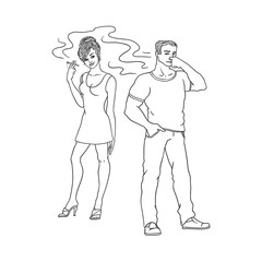 Young woman in red dress smoking, irritated man pinches nose. Caucasian male female characters, smoker nicotine addiction tobacco passive smoking risk concept. Isolated monochrome vector illustration