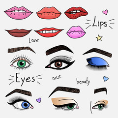 Set of hand drawn womens eyes and lips. Colored doodle illustration