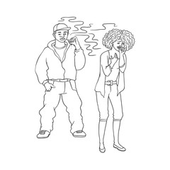 African adult black man smoking, female character, african woman feel bad coughing standing holding neck. Nicotine addiction passive tobacco smoking risk concept. Monochrome sketch vector illustration